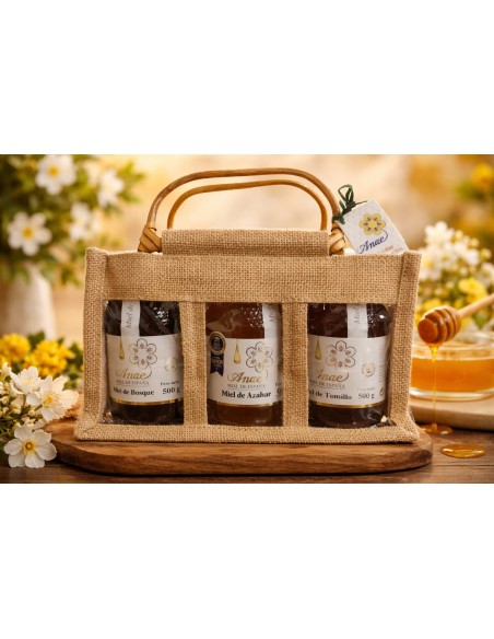 Cesta yute de mieles extra 500 gr. Tomillo, Azahar y Bosque